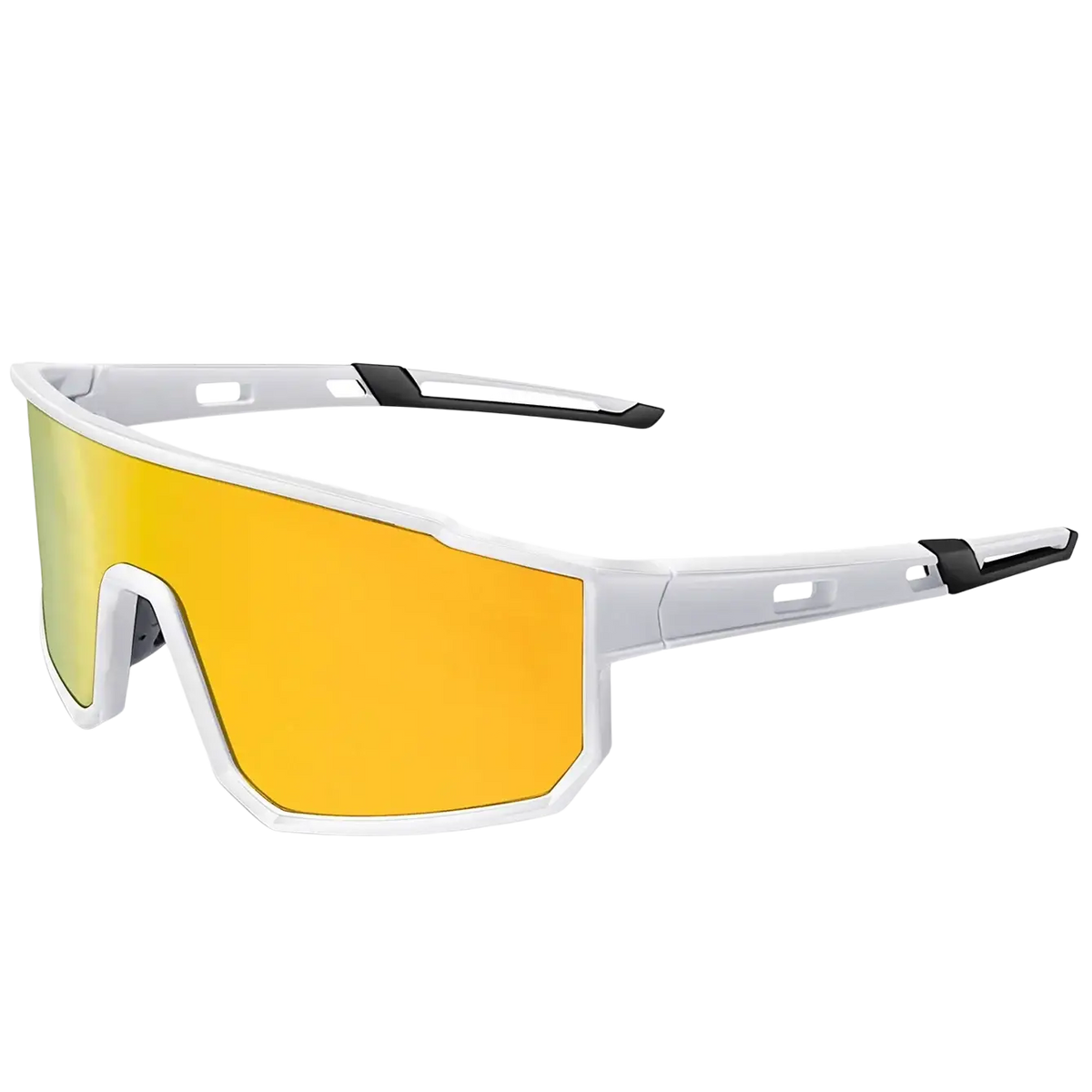 Uv protection sport sunglasses with white and black frame and vibrant yellow reflective lens for cycling and running