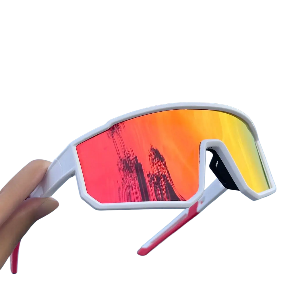 Uv protection sport sunglasses with white frame, gradient red-to-yellow mirrored lenses, and pink temple accents for cycling and running