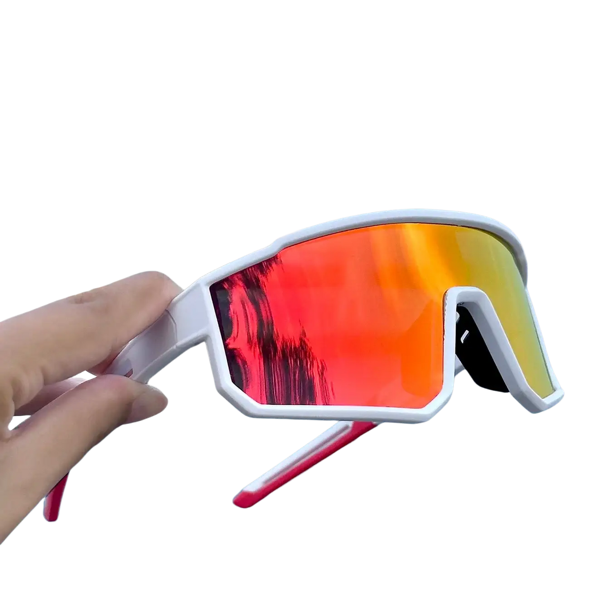 Uv protection sport sunglasses with white frame and fiery red to golden yellow gradient lens for cycling and running