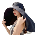 Dark blue uv protection sun hat with wide brim soft reflective fabric and adjustable strap with detachable neck flap