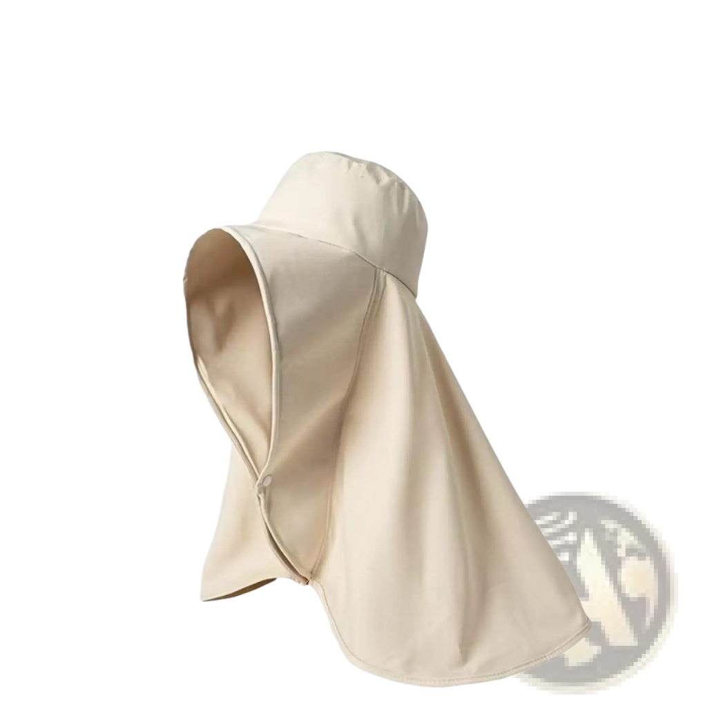 Beige uv protection sun hat with wide brim and detachable neck flap made of lightweight fabric for sun protection