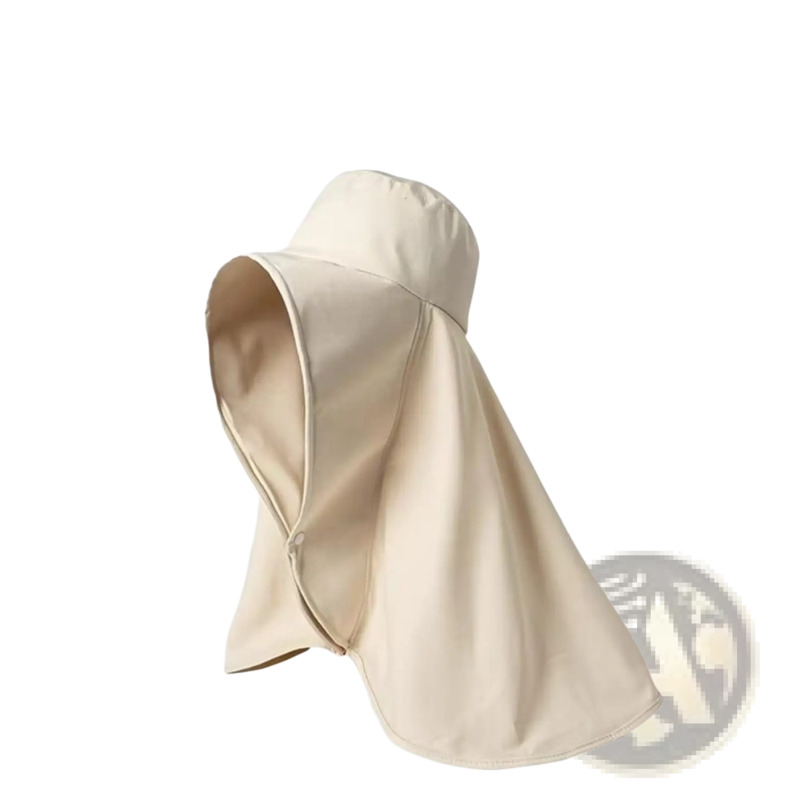 Beige uv protection sun hat with wide brim and detachable neck flap made of lightweight fabric for sun protection