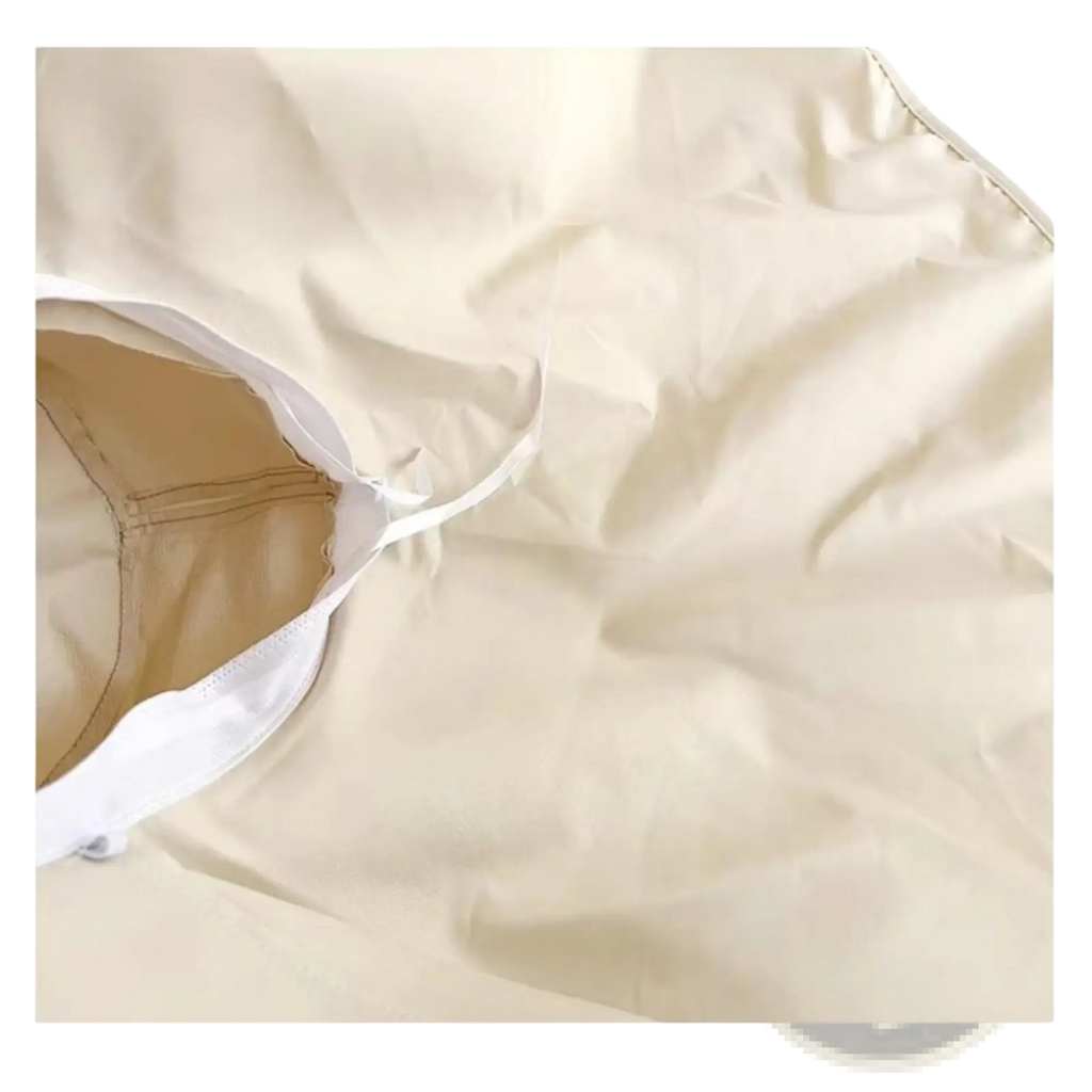 Beige fabric bed canopy with white trim and visible stitching designed for uv protection sun hat with detachable neck flap