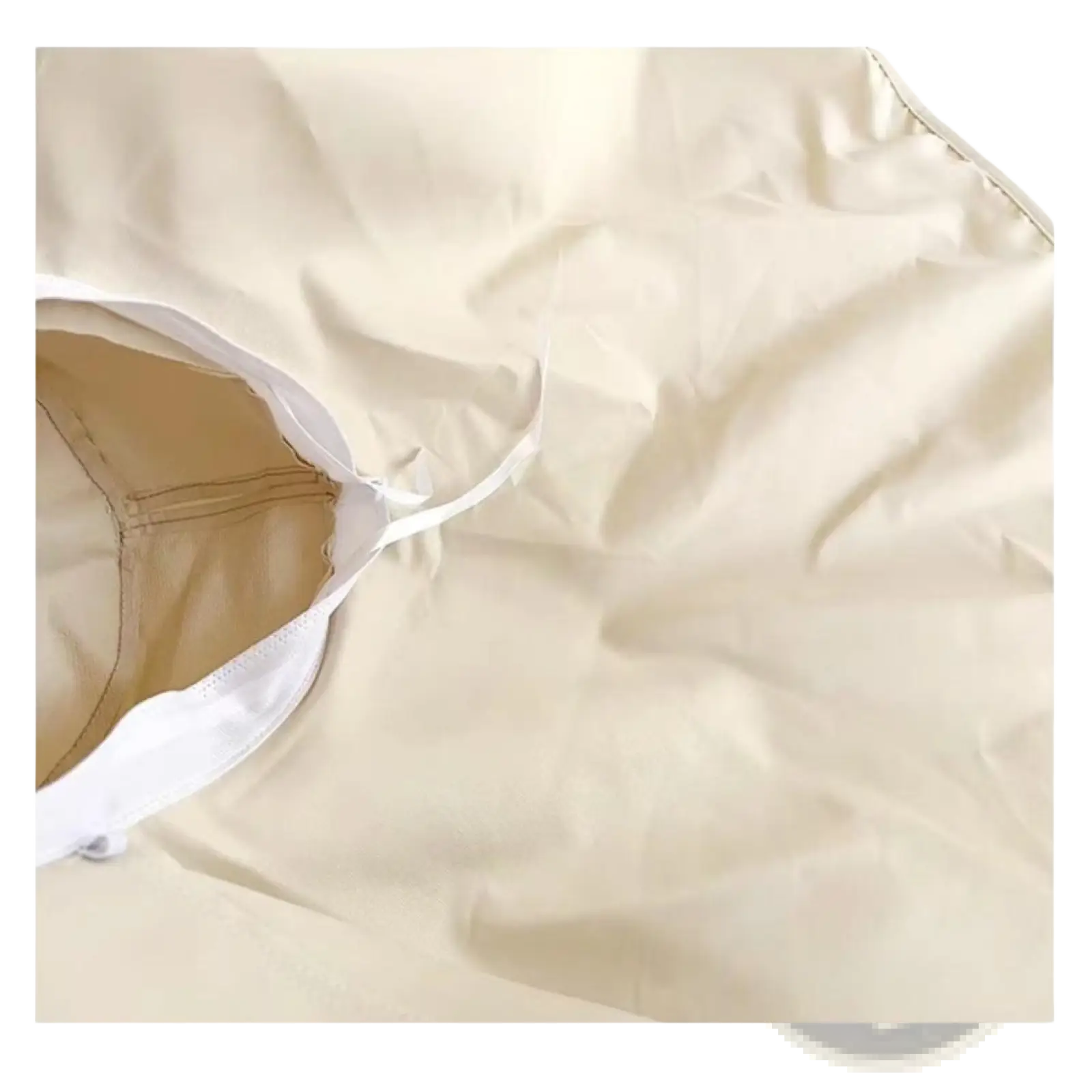 Beige fabric bed canopy with white trim and visible stitching designed for uv protection sun hat with detachable neck flap