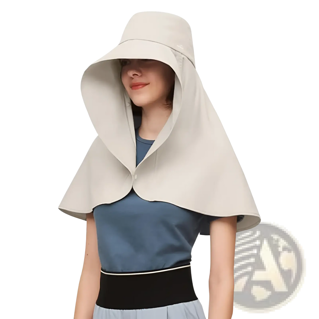 Beige uv protection sun hat with wide brim and detachable cape-like fabric for face and neck coverage