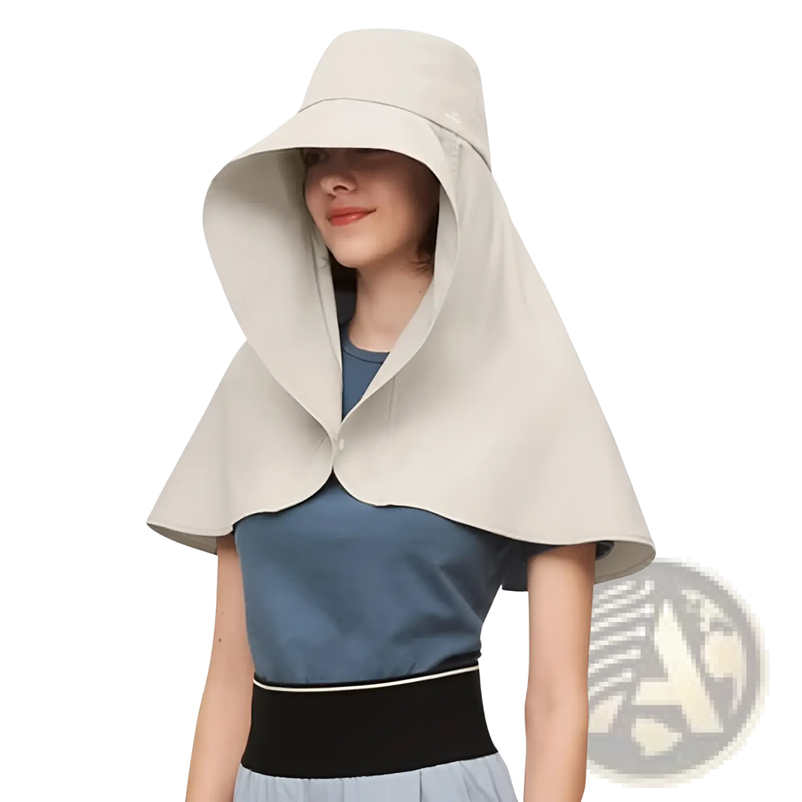 Beige uv protection sun hat with wide brim and detachable cape-like fabric for face and neck coverage