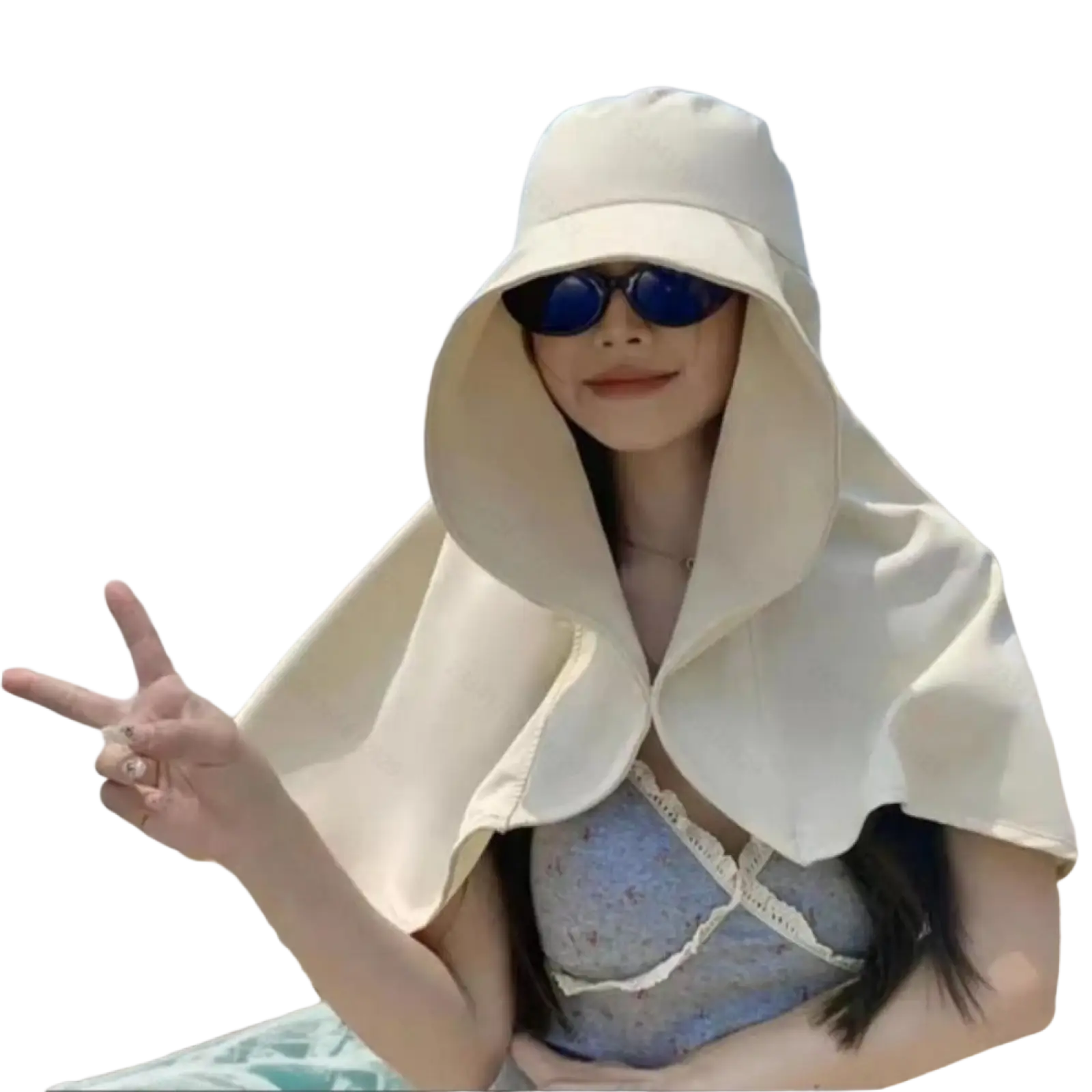 Cream-colored hooded uv protection sun hat with wide brim and detachable flowing cape-like neck flap for sun safety