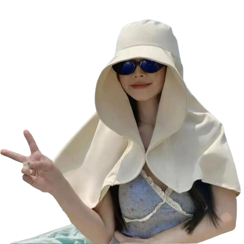 Cream-colored hooded uv protection sun hat with wide brim and flowing detachable cape-like neck flap shown from back
