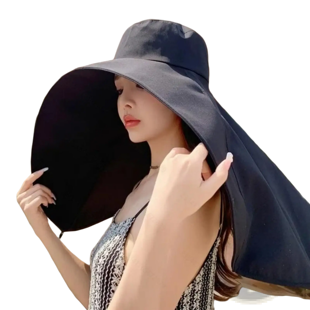 Dark blue wide-brimmed uv protection sun hat with detachable neck flap made of soft, slightly wrinkled fabric
