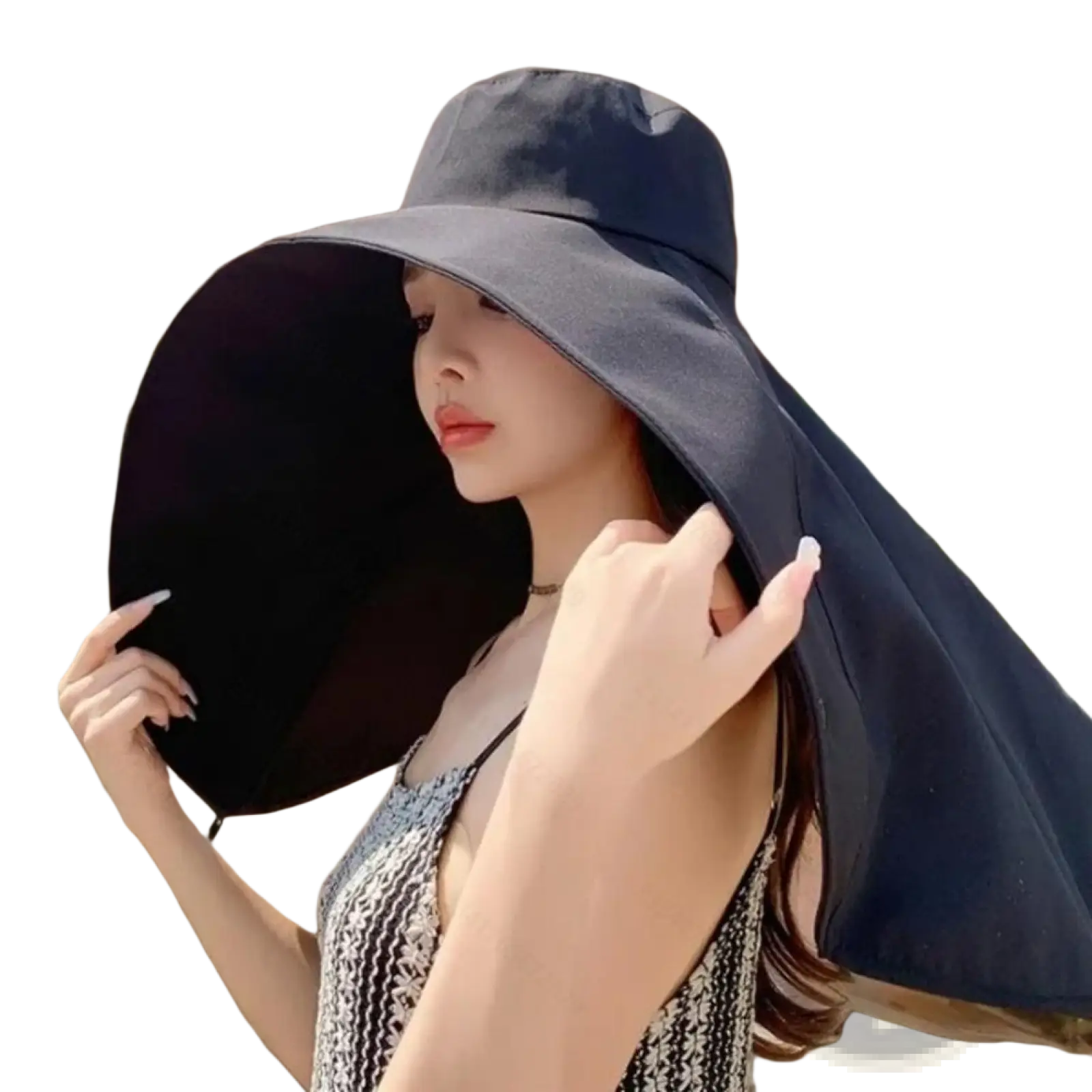 Dark blue wide-brimmed uv protection sun hat with detachable neck flap made of soft, slightly wrinkled fabric
