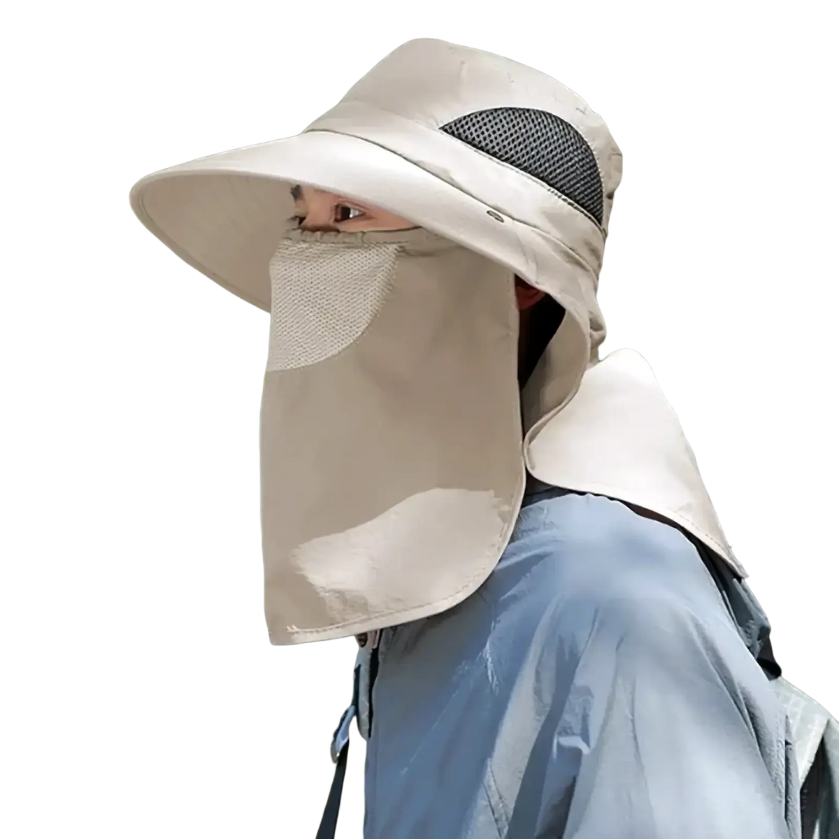 Beige uv protection sun hat with wide brim mesh ventilation panels face shield and neck flap for enhanced protection
