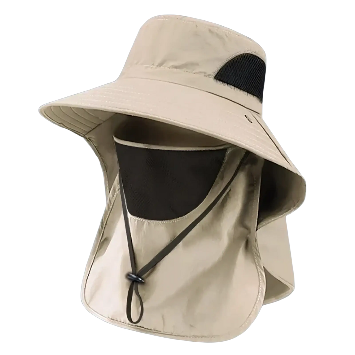 Beige uv protection sun hat with black mesh face shield and adjustable strap for outdoor sun safety