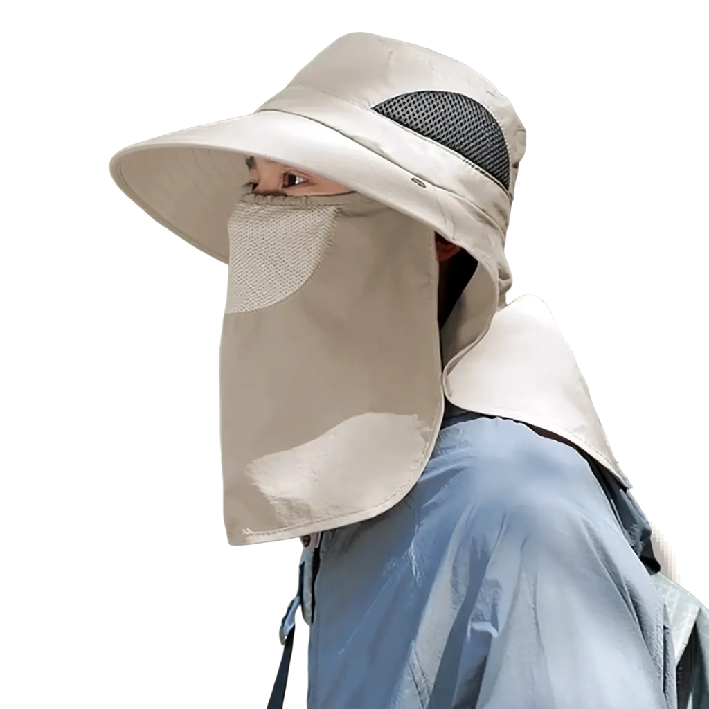 Beige uv protection sun hat with mesh ventilation panels and protective face shield for outdoor use