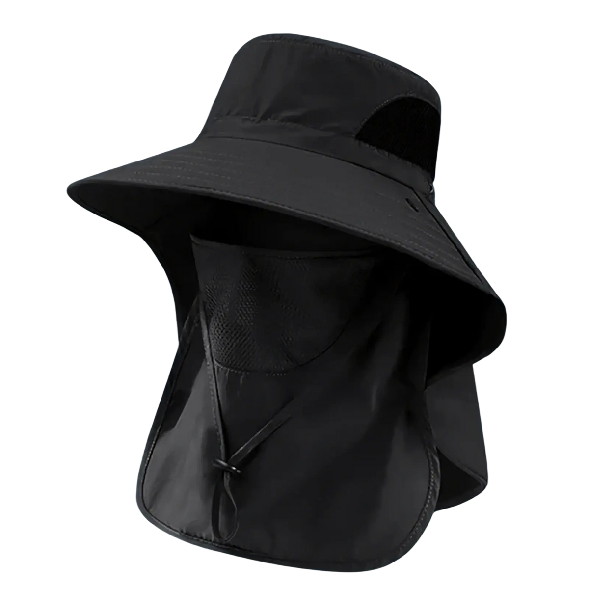 Black uv protection sun hat with wide brim neck flap and lightweight fabric face shield for outdoor sun safety