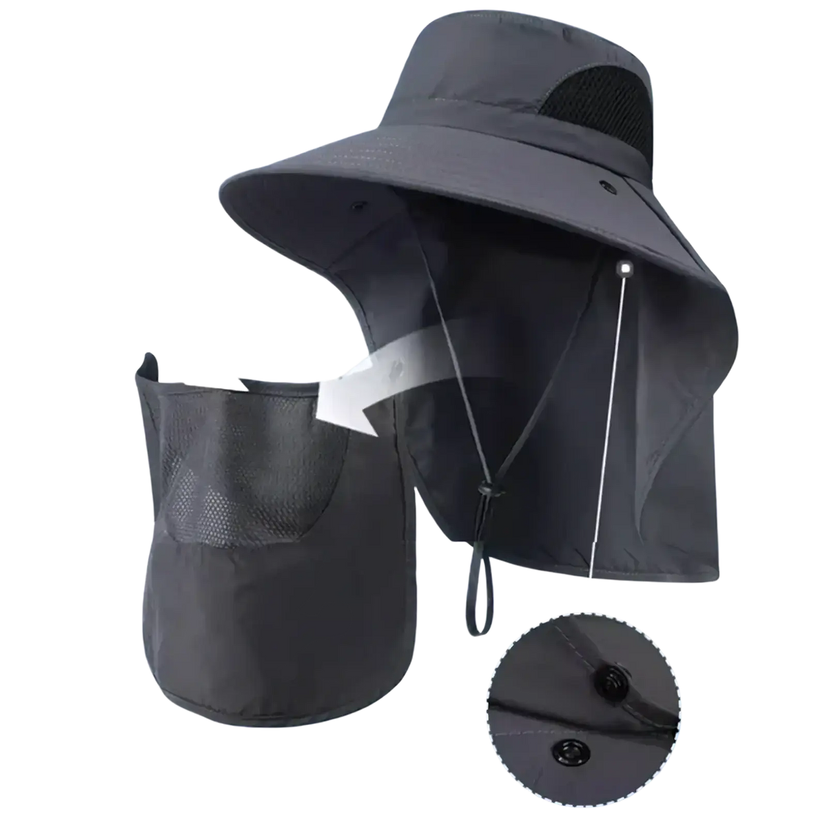 Dark gray uv protection sun hat with wide brim, neck flap, detachable mesh face shield, and adjustable strap