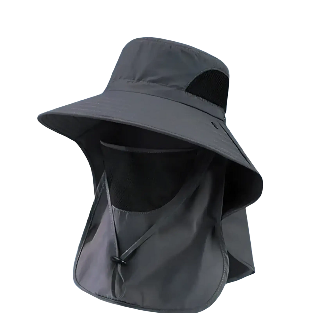 Dark gray sun hat with wide brim neck flap and attached lightweight fabric face shield for protection sun use