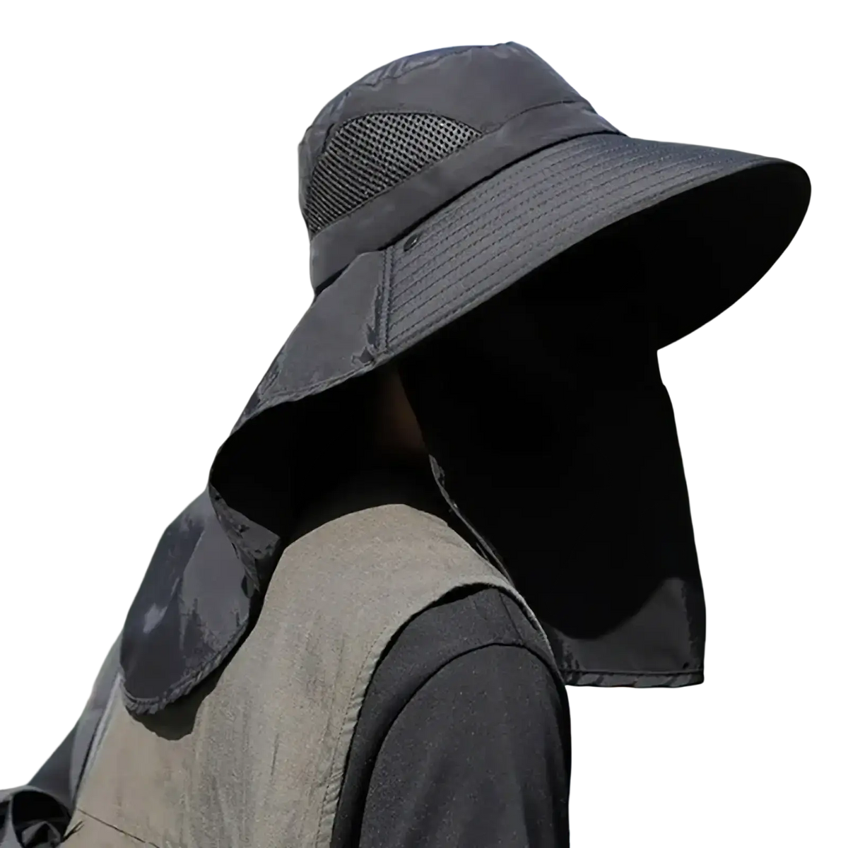 Dark gray uv protection sun hat with neck flap and mesh ventilation on crown for enhanced comfort and sun protection
