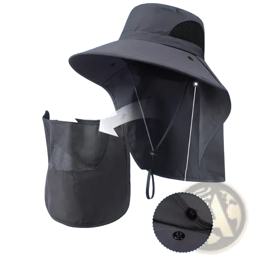 Dark gray uv protection sun hat with detachable mesh neck flap and button closure shown from the back side