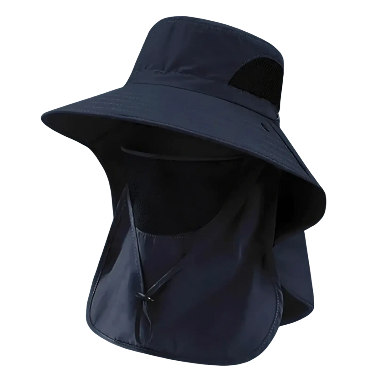 Dark navy uv protection sun hat with wide brim face shield and neck flap made of lightweight water-resistant fabric