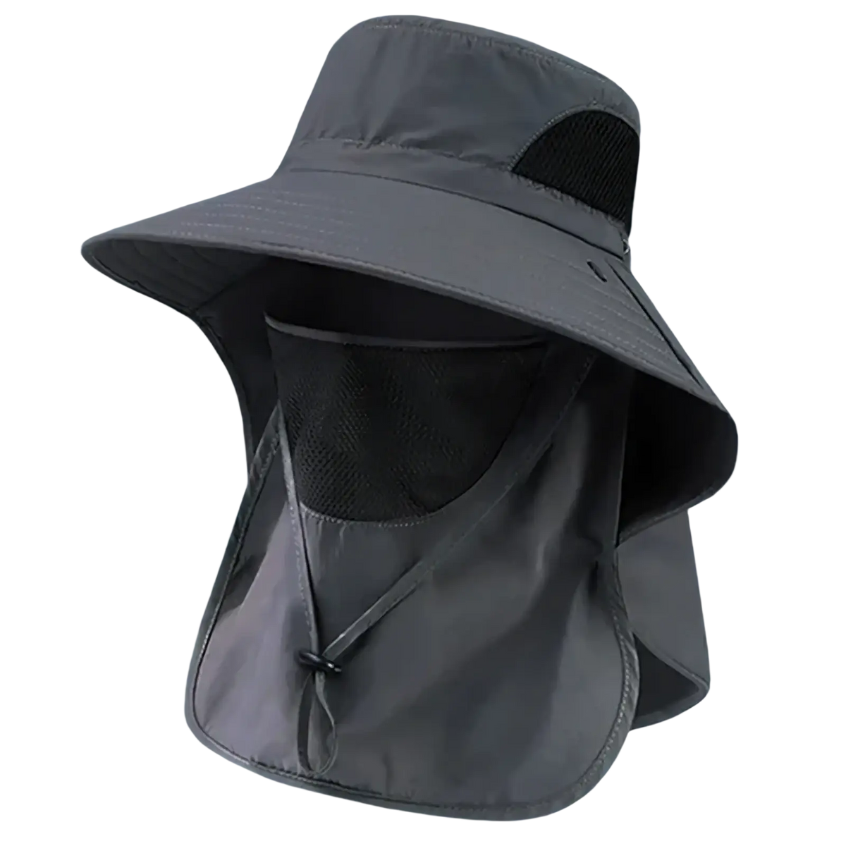 Gray uv protection sun hat with mesh face shield and adjustable straps designed for outdoor sun safety