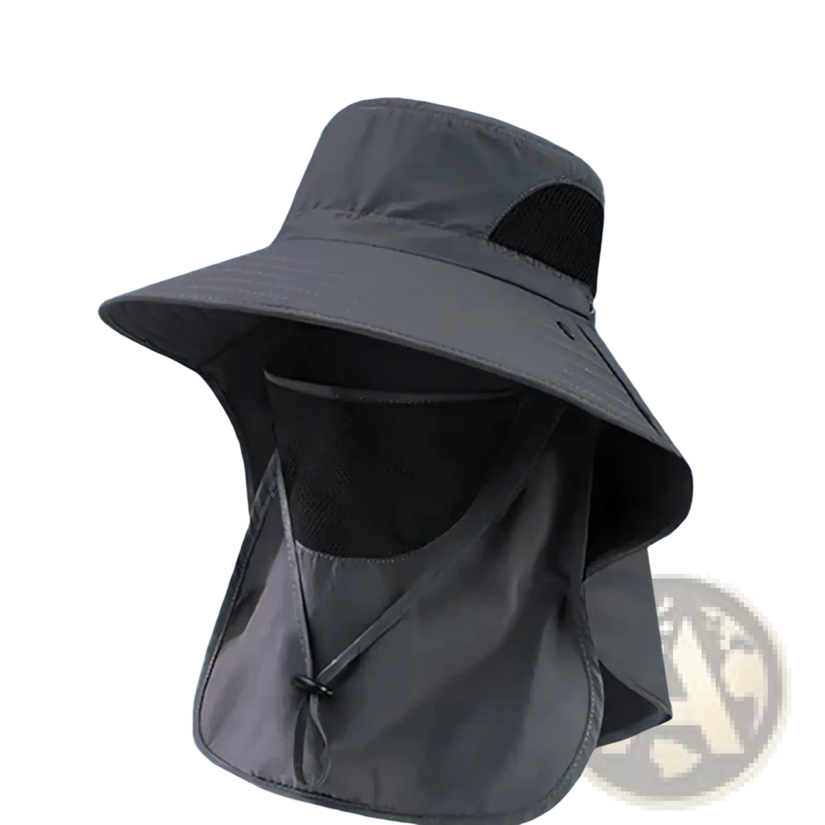 Gray uv protection sun hat with detachable face mask made of lightweight fabric and breathable mesh shown from the back