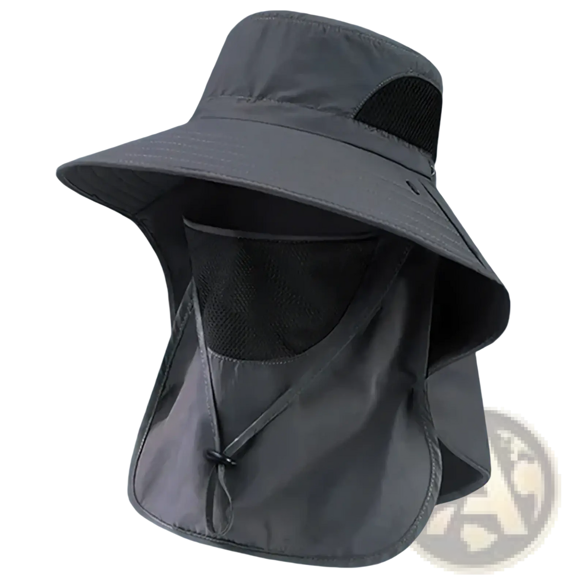 Gray uv protection sun hat with mesh face shield and adjustable straps designed for outdoor sun safety