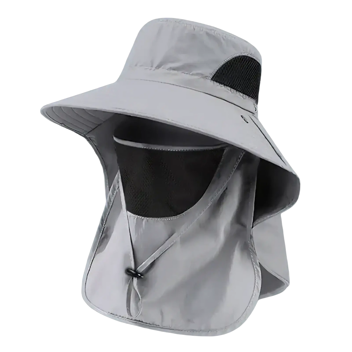 Light gray sun hat with wide brim neck flap and black mesh panels for ventilation uv protection sun hat