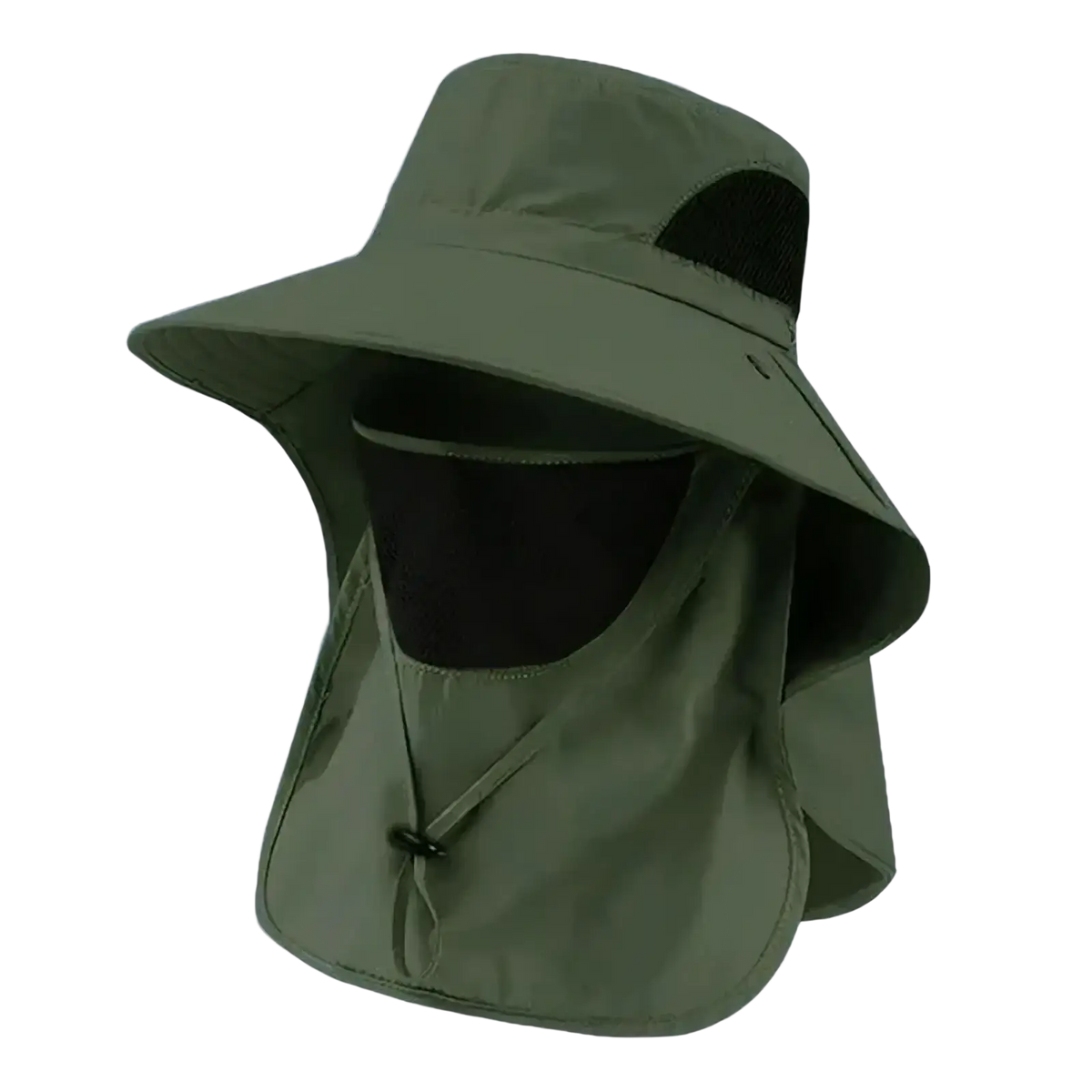 Olive green protection sun hat with wide brim neck flap black mesh ventilation panels and attached face shield