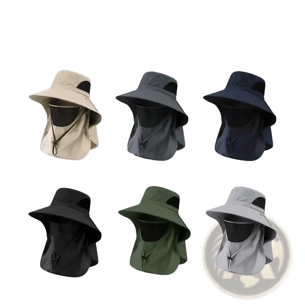 Wrels UV protection sun hats with neck flap in beige gray navy blue black olive green and light gray with wide brims and face shields
