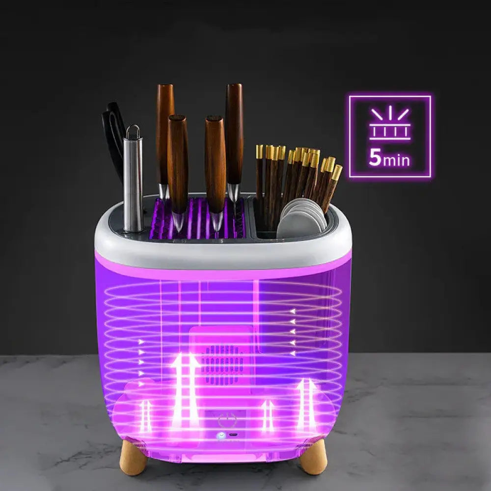 Purple-lit cylindrical ceramic smart kitchen utensil sterilizer with wooden feet and white top rim for rotating drainer