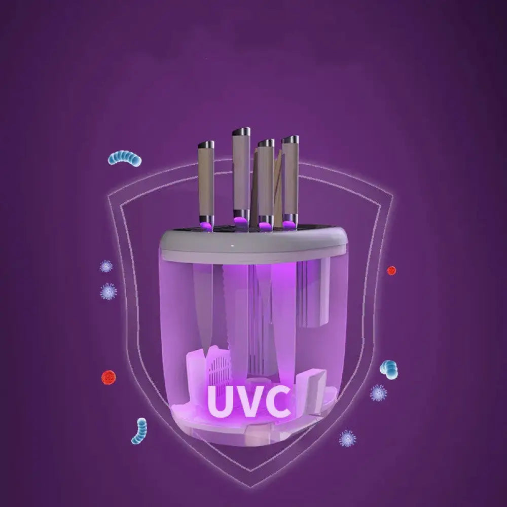 A sleek transparent uvc sterilizer with white base and silver nozzles emitting purple light for 360 rotating ceramic cutlery drainer