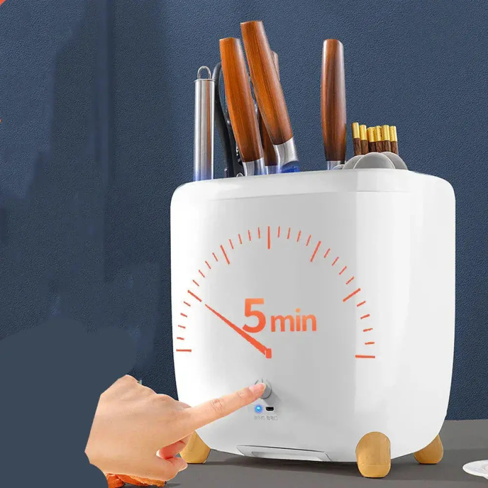 White ceramic knife and chopstick sterilizer with orange timer markings and wooden feet 360 rotating utensil organizer