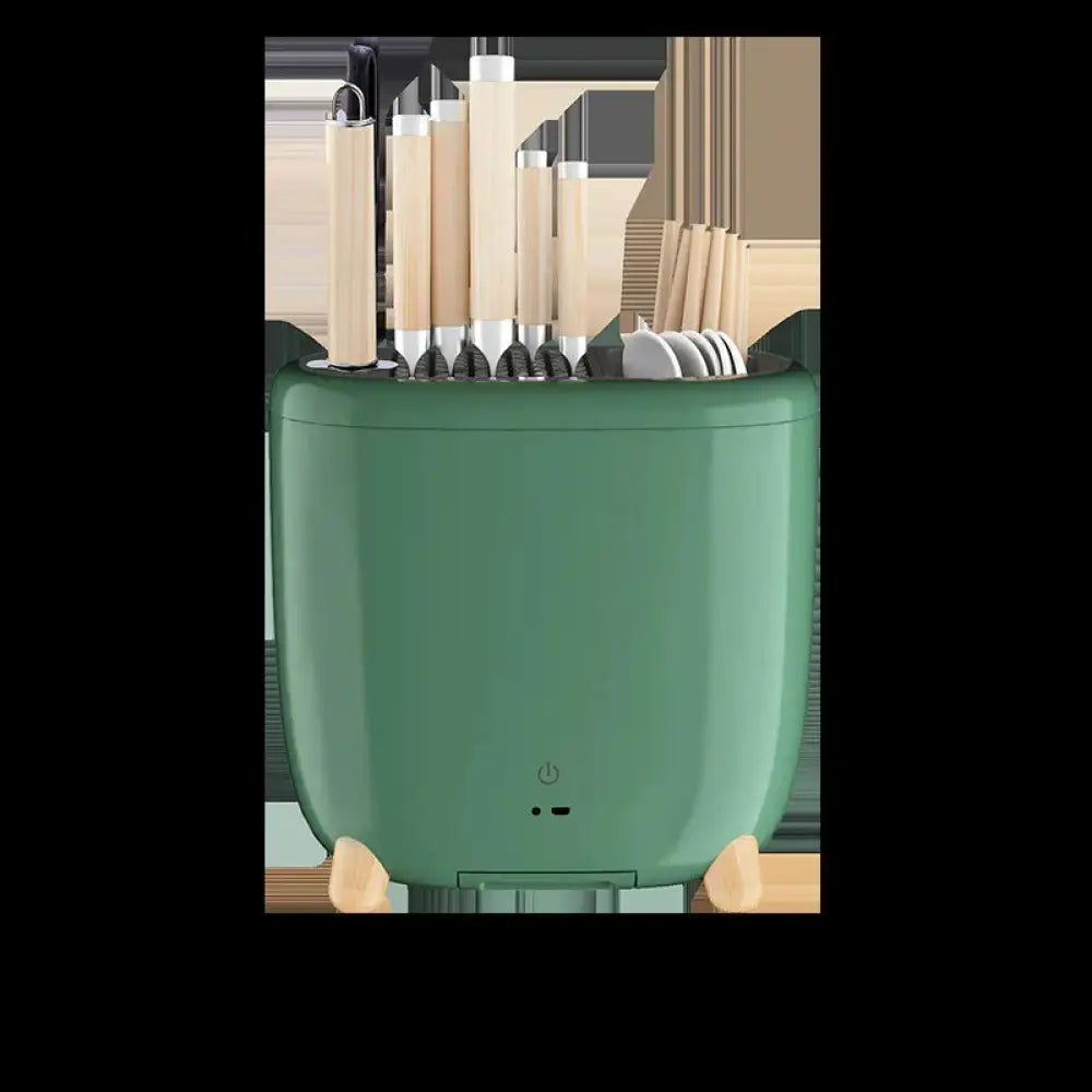 A sleek mint-green ceramic 360 rotating cutlery drainer with wooden feet for drying and organizing utensils