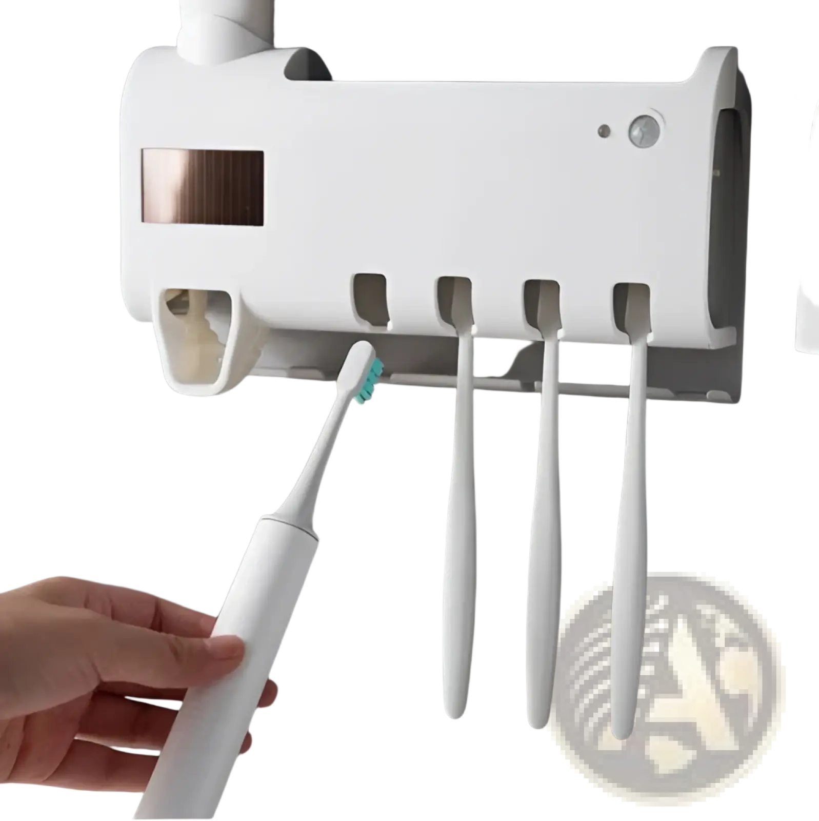 White electric toothbrush with teal bristles placed in uv sterilizer toothbrush holder and dispenser for hygiene