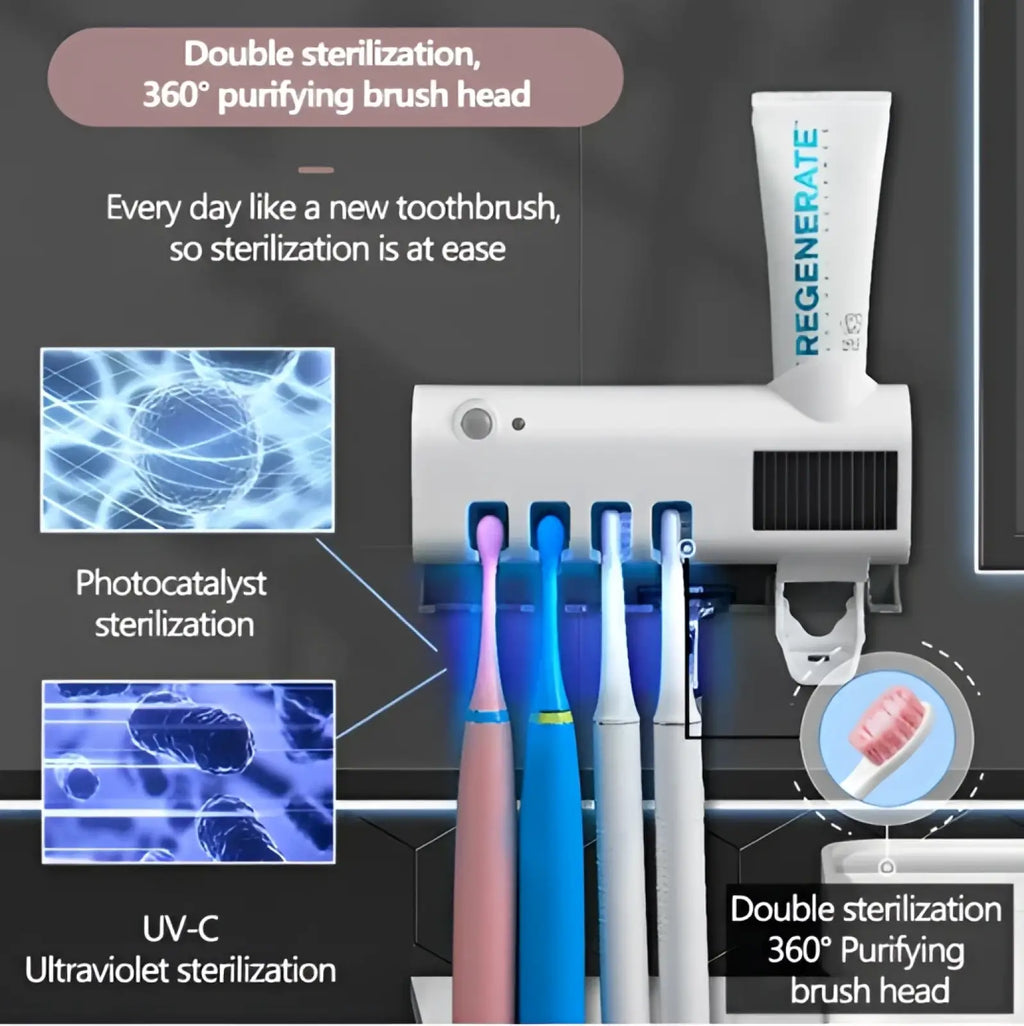 White uv sterilizer toothbrush holder with solar panel and built-in sterilization holding four colorful electric brushes
