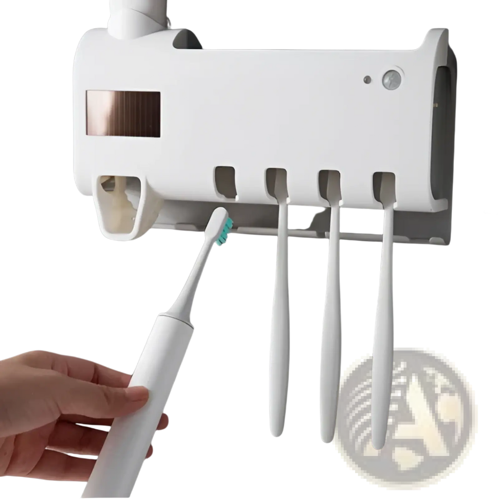 White electric toothbrush with light blue bristles in a uv sterilizer toothbrush holder and dispenser for hygiene maintenance