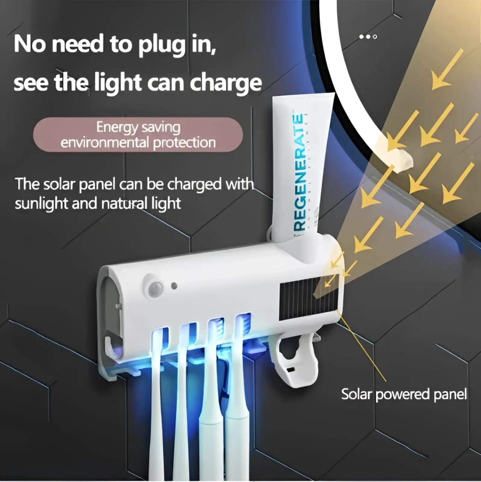 White uv sterilizer toothbrush holder with solar-powered led lights and built-in charging panel for hygiene