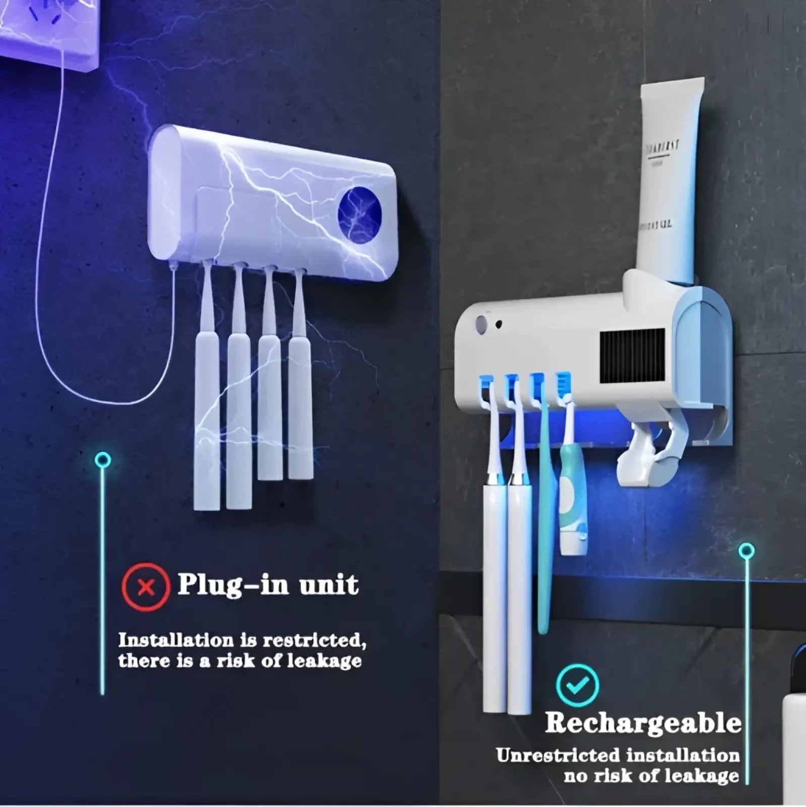 White toothbrush holder uv sterilizer with built-in solar panel and led lighting designed for wall mounting