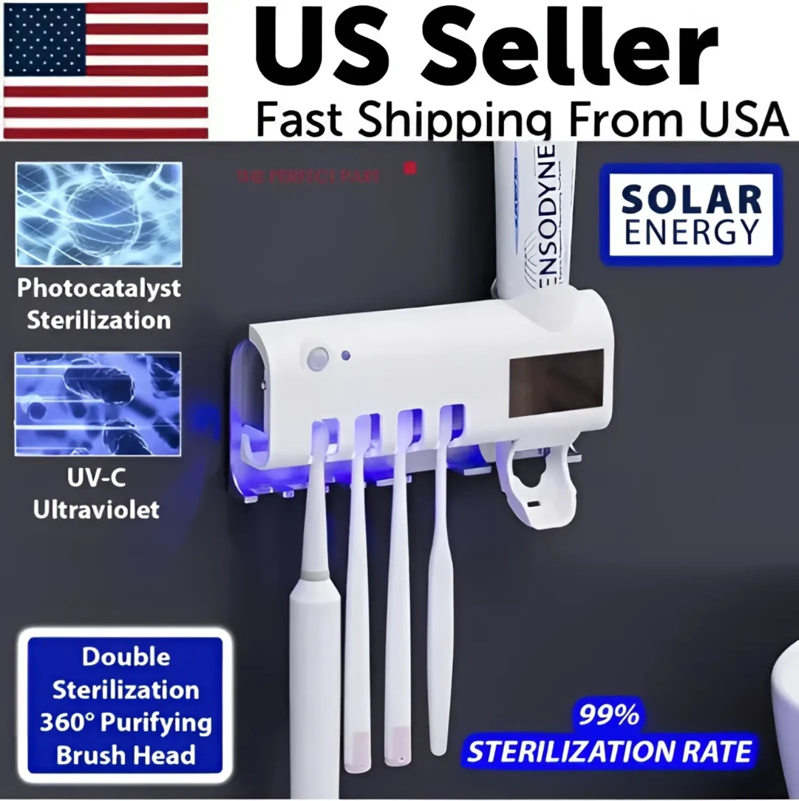 White wall-mounted UV sterilizer toothbrush holder and dispenser with solar energy and dual sterilization features