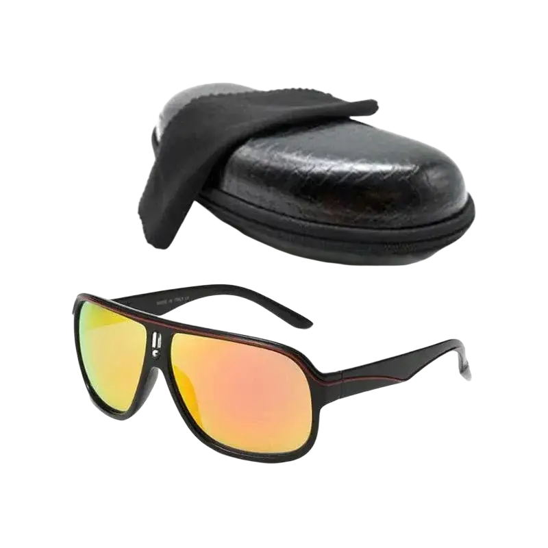 Black aviator uv400 outdoor sports sunglasses with gradient orange yellow mirrored lenses and textured case for men and women