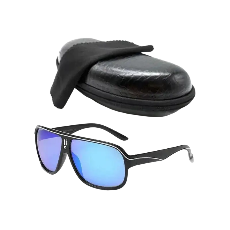 Uv400 outdoor sports sunglasses for men and women with black frames and reflective blue lenses in a modern design