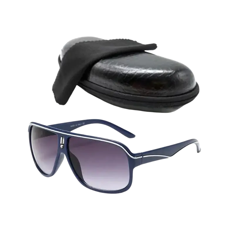 Navy blue aviator uv400 outdoor sports sunglasses with white trim and gradient gray lenses next to a black case