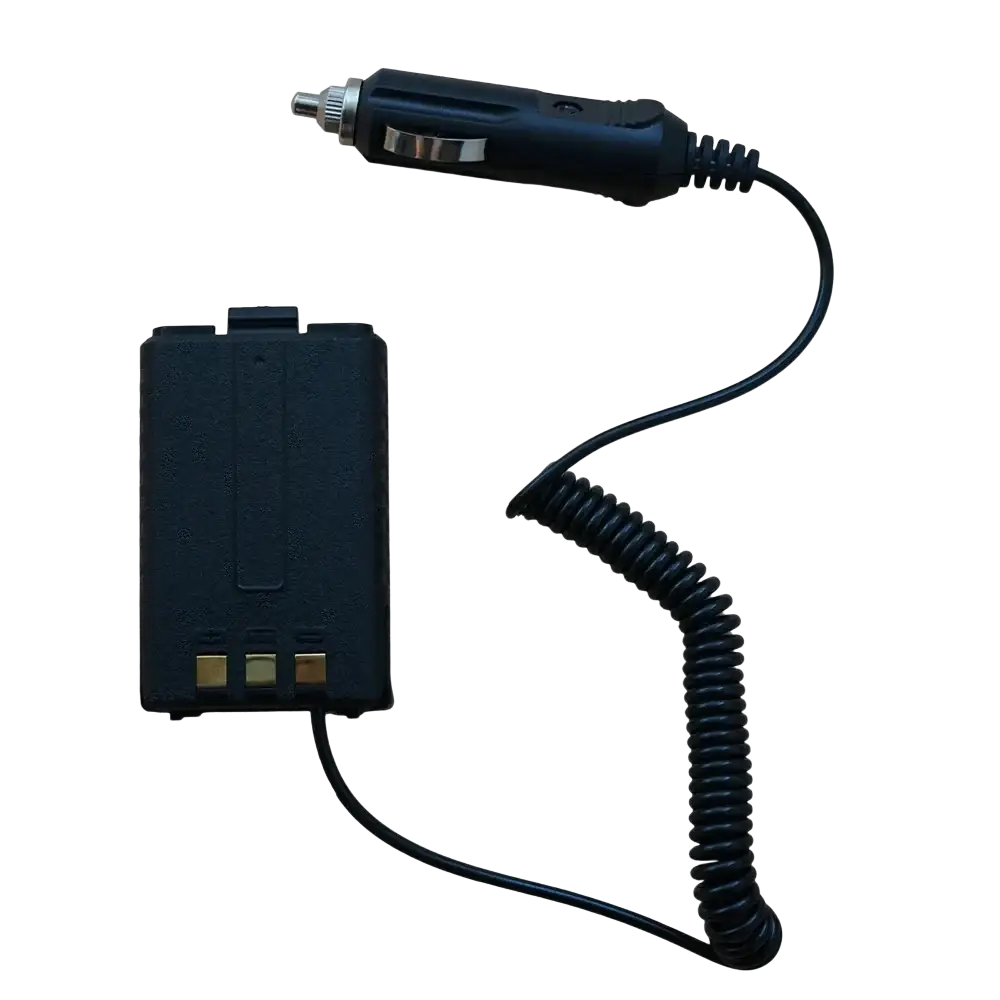 Black uv5r car charger with coiled cable connected to rectangular battery pack for walkie talkie accessories