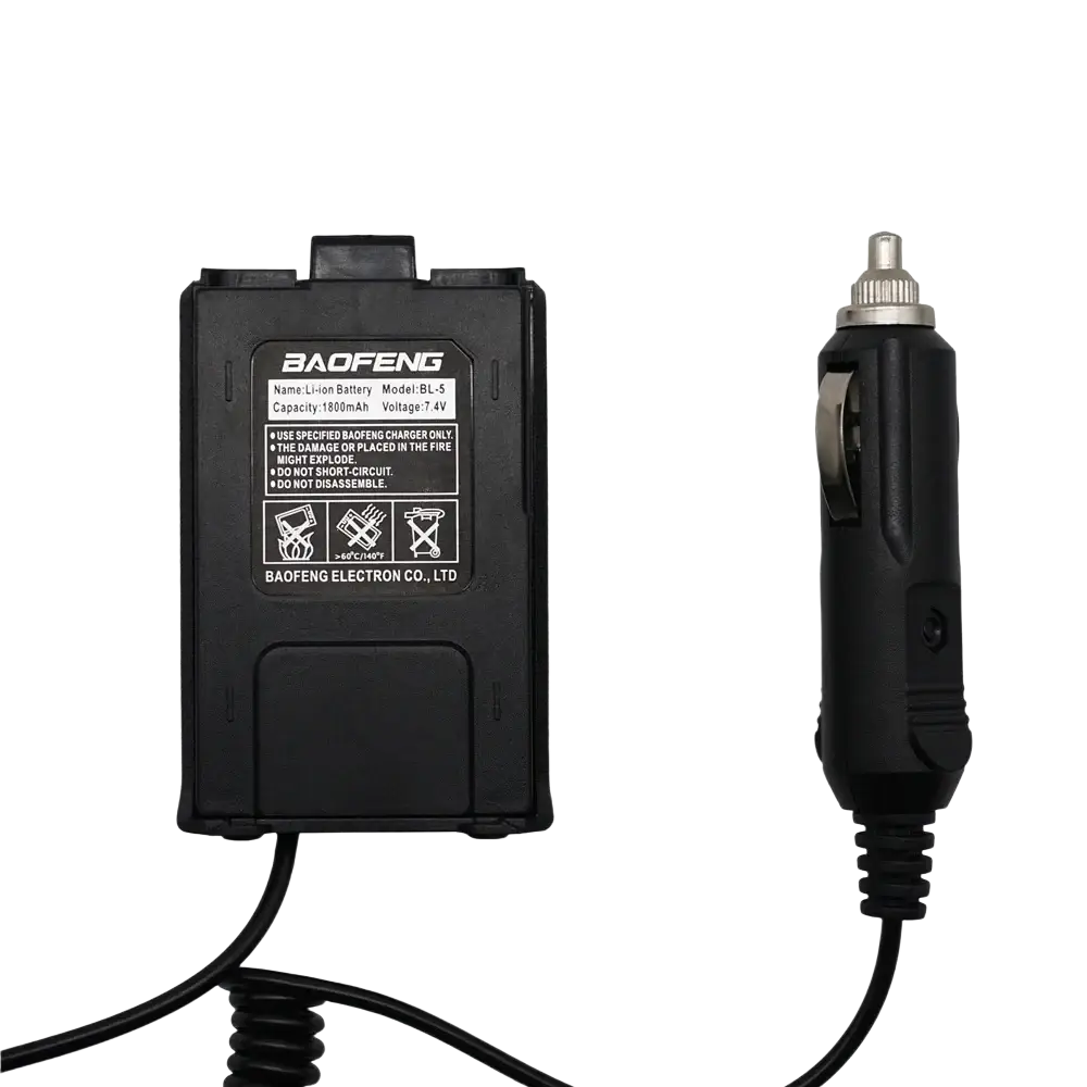 Black baofeng uv5r car charger with coiled cable and metallic plug walkie talkie accessories battery eliminator