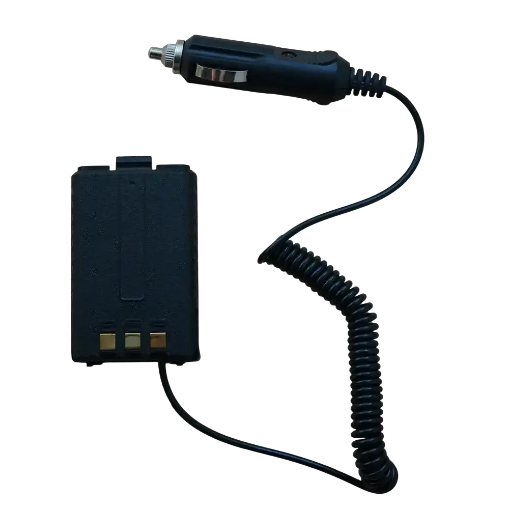 Black uv5r car charger with coiled cable and rectangular battery pack for baofeng walkie talkie use