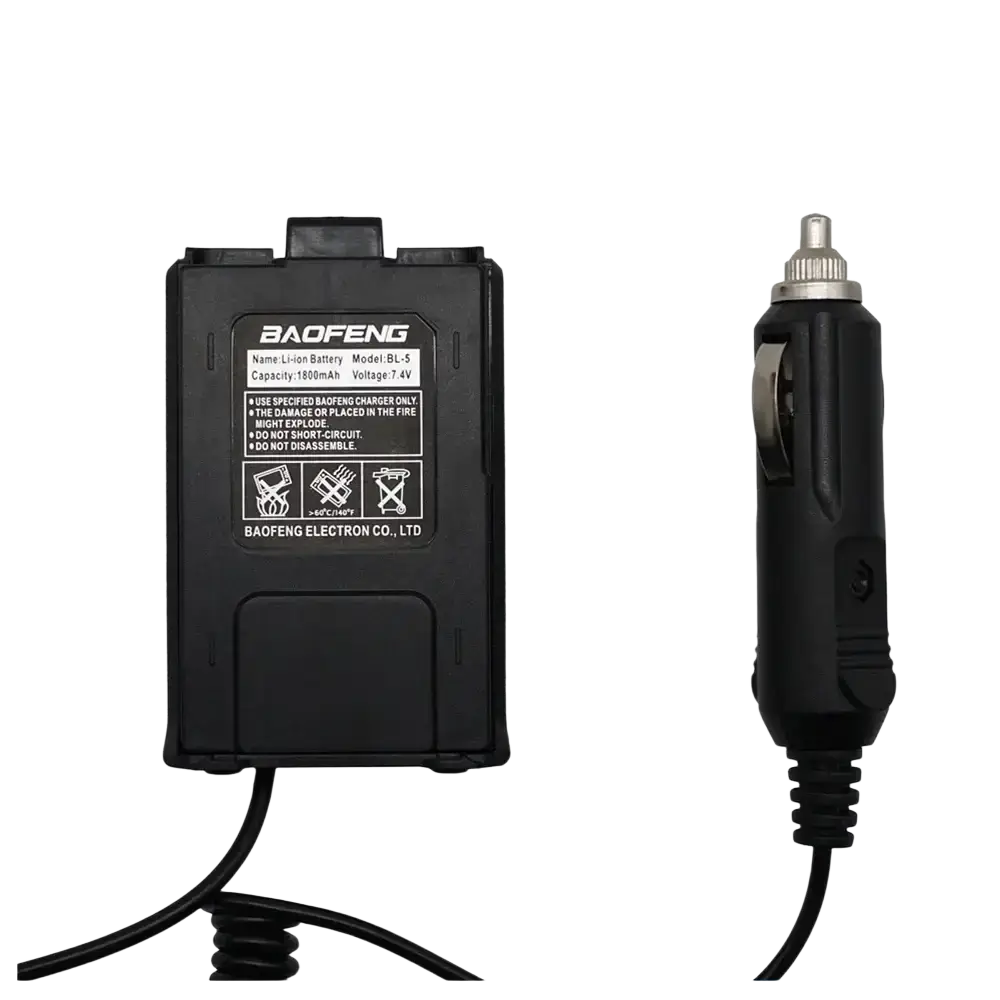 Black Baofeng BL-S lithium-ion battery and UV5R car charger set as walkie talkie battery eliminator accessory