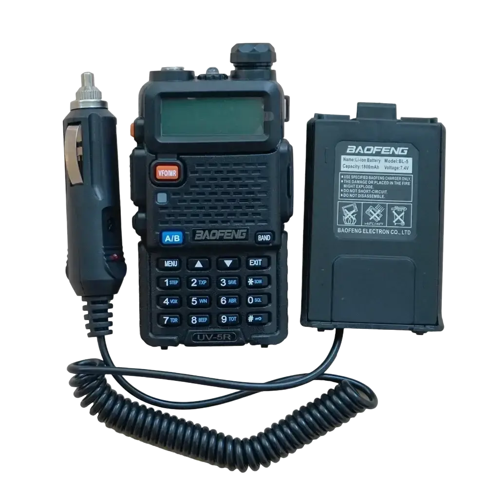 Black baofeng uv-5r walkie talkie with coiled antenna car charger and battery pack for uv5r car charger use