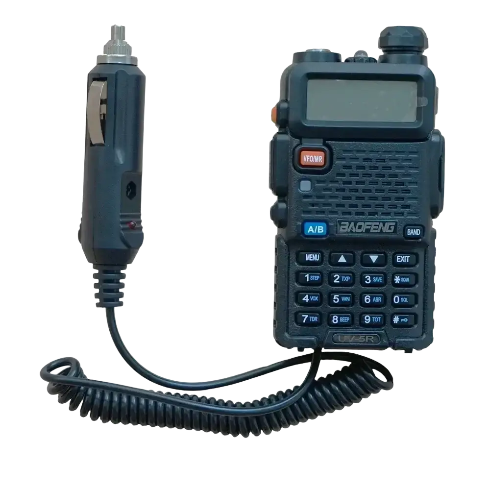 Black baofeng uv-5r walkie talkie with coiled cable and matching car charger battery eliminator for uv5r use