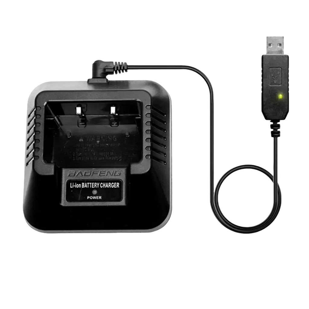 Black uv5r li-ion charger for baofeng walkie talkie with coiled usb cable and green power indicator light