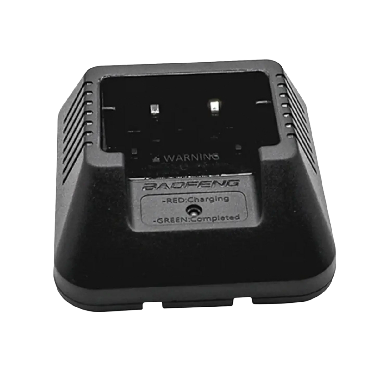 Black plastic uv5r li-ion charger with rectangular charging slot and indicator lights for uv5ra walkie talkie batteries